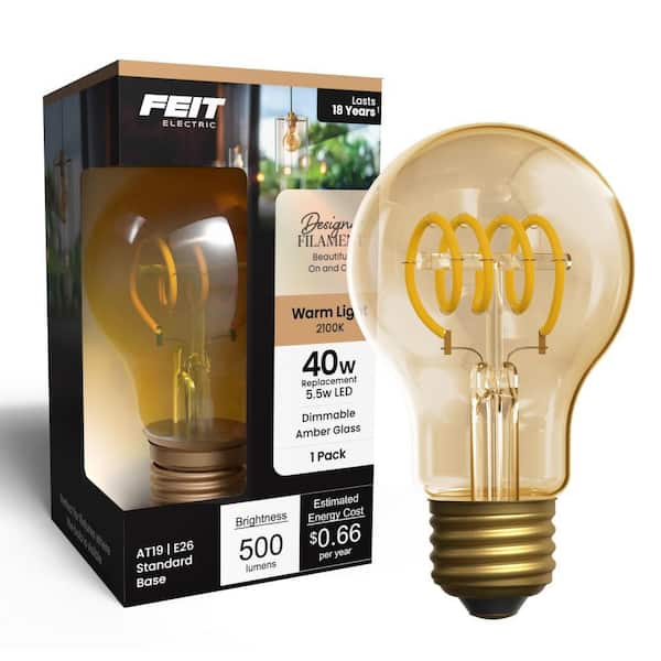 40-Watt Equivalent A19 Dimmable Filament Amber Glass E26 Vintage Edison LED Light Bulb, Warm White