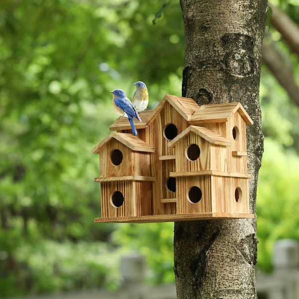 OGETFUUR 10-Hole Wood Birdhouse Garden Courtyard Backyard Decor