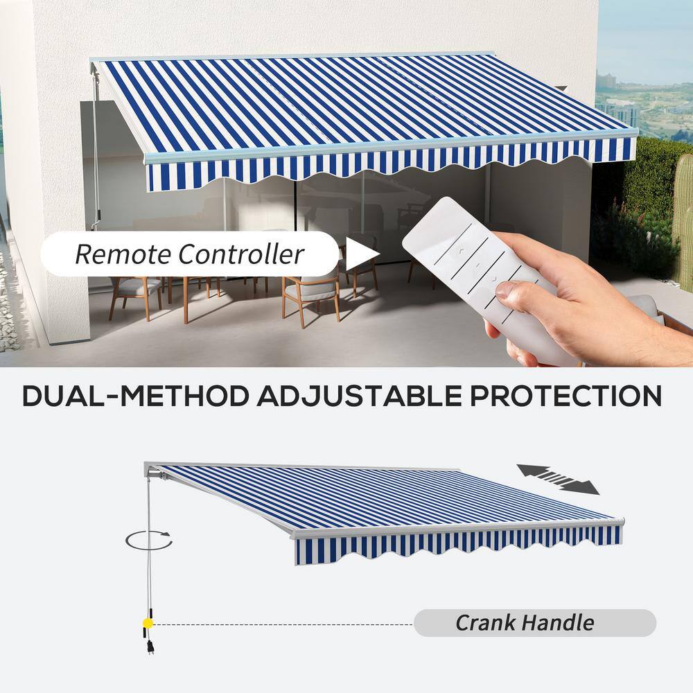 Blue and White Striped Retractable Patio Awning with LED Lights