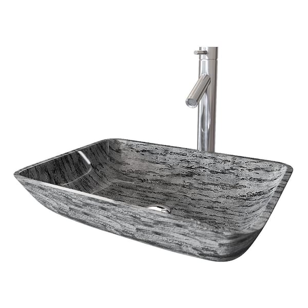 VIGO Titanium Glass Rectangular Vessel Bathroom Sink in Gray with Dior Faucet and Pop-Up Drain in Brushed Nickel