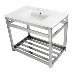Quadras Ceramic White Console Sink (8 in., 3-Hole) with Legs in Polished Chrome