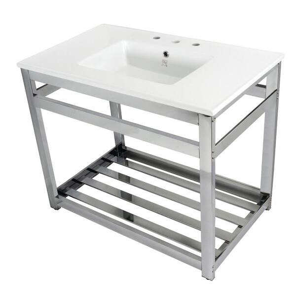 Kingston Brass Quadras Ceramic White Console Sink (8 in., 3-Hole) with Legs in Polished Chrome