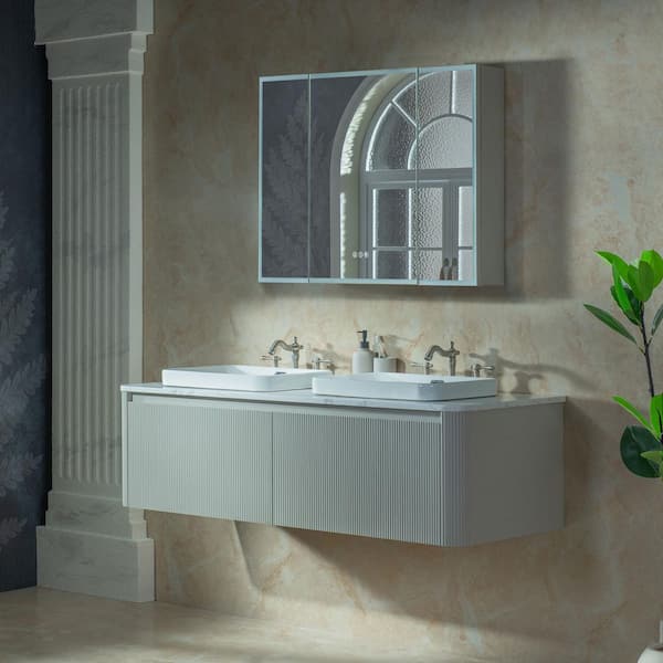 Mist 59.5 in. W x 21.63 in. D x 16.5 in. H Double Sink Floating Bath Vanity in Gray with White Marble Top