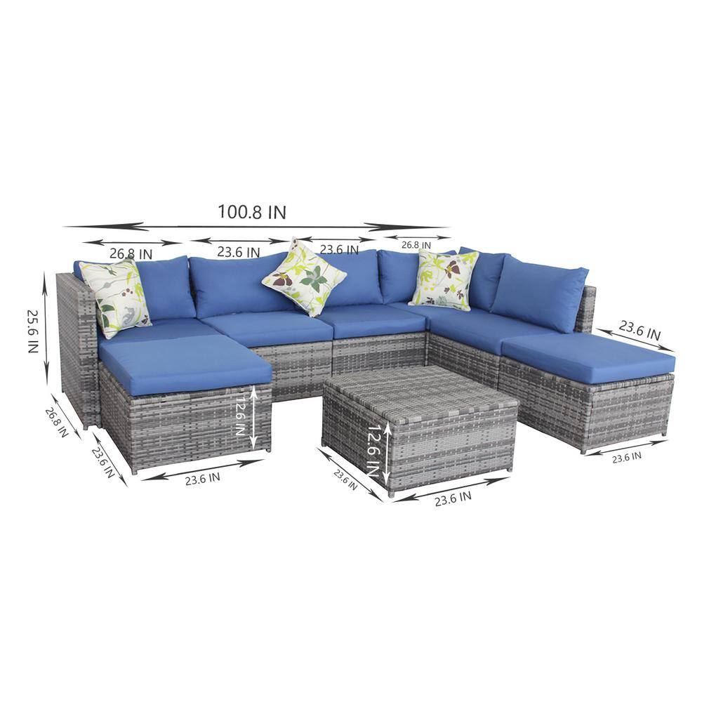 Uixe B2 Gray Wicker Outdoor Sectional Set with Blue Cushions - 3