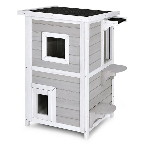 FORCLOVER 2-Story Wooden Cat House with Escape Door Rainproof