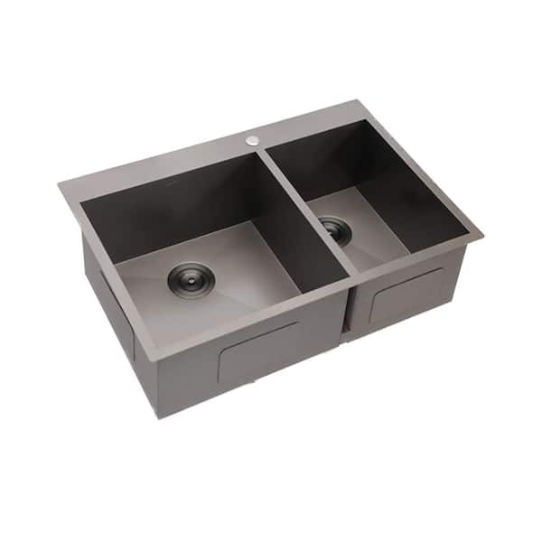 Modland Loile 33 in. L Drop In Double Bowl 18 Gauge Gunmetal Black Stainless Steel Kitchen Sink with Grid, Rack and Strainer