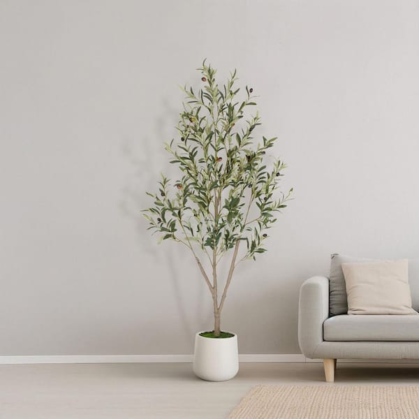 5 ft. Artificial Olive Tree in White Pot Tall Faux Olive Tree Artificial Plants with Natural Wood Trunk for Indoor Decor