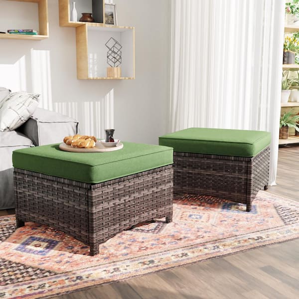 JOYSIDE Wicker Outdoor Patio Ottoman with Green Cushions (Set of 2)