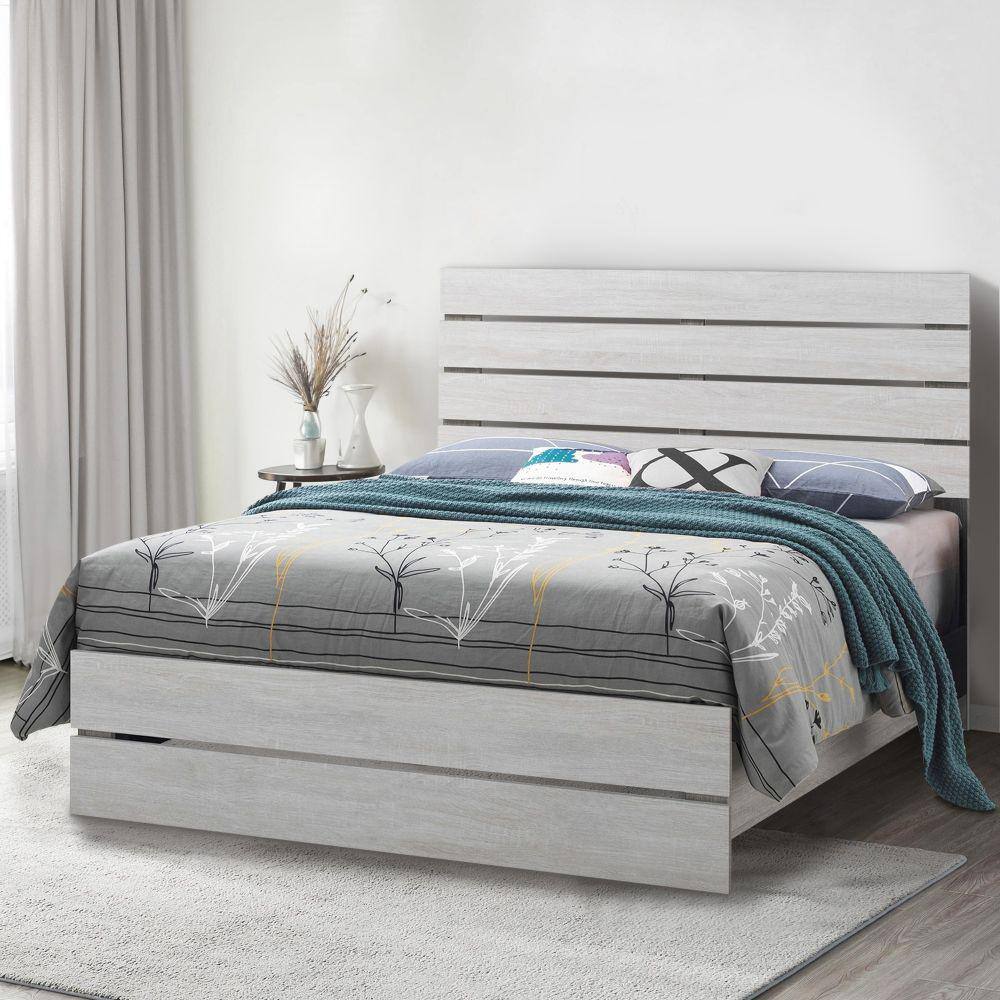 Transitional Queen Bed with Upholstered Headboard and Wood Frame