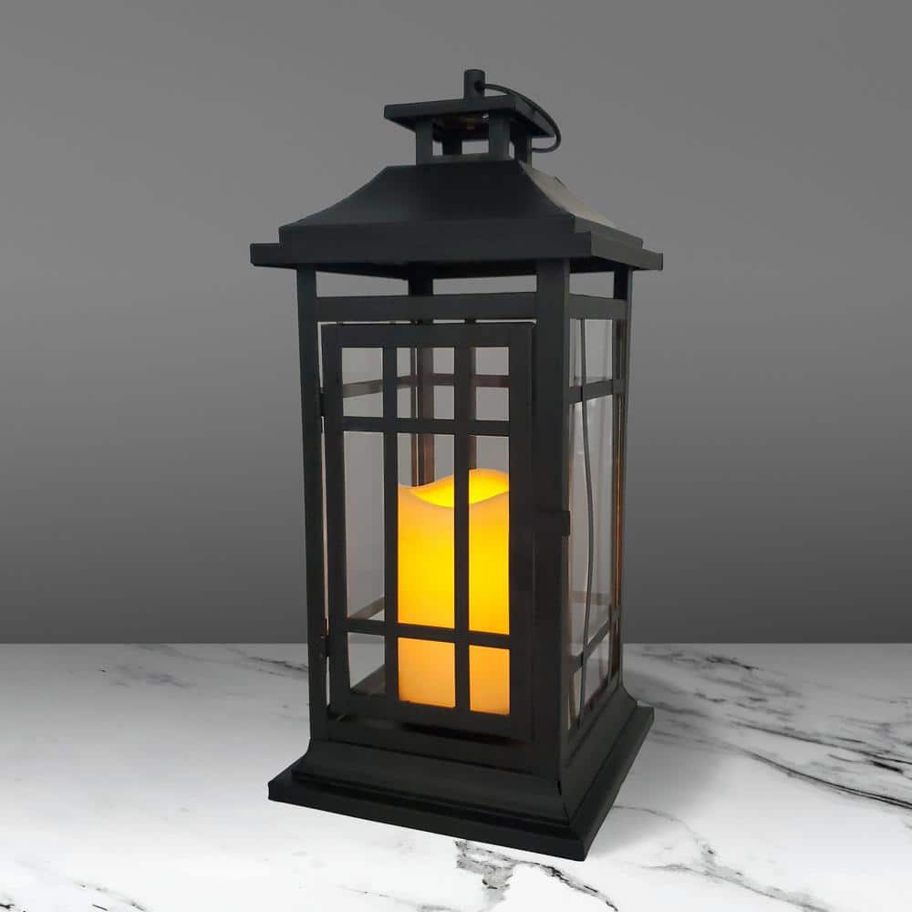 14" Black Metal Lantern with Amber LED Candle