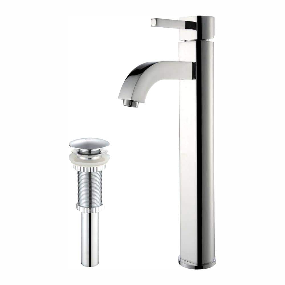 KRAUS Ramus Single Hole Single-Handle Vessel Bathroom Faucet with Matching Pop Up Drain in Chrome, Grey -  846639000857