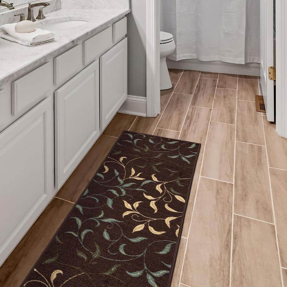 Brown Leaves Design Non-Slip Runner Rug, 2'7" x 9'10"