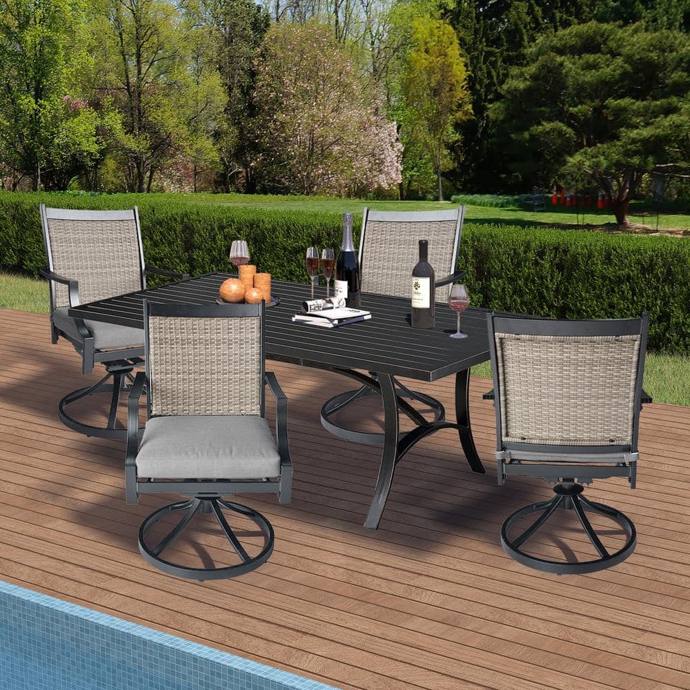 5-Pieces Outdoor Patio Dining Set with 360° Swivel Cushion Bar Stool Chair and 82 in. L Black Rectangular Dining Table