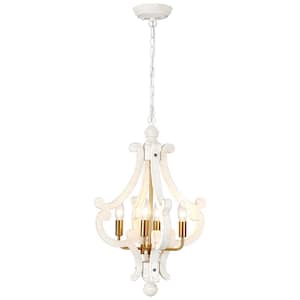 4-Light Gold Farmhouse Chandelier Rustic White Shade Wood Light Fixture Cage Pendant Lighting