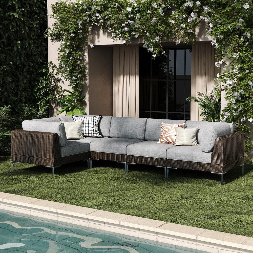 5-Piece Wicker Rattan Patio Sofa Sectional Conversation Set with Gray 6-inch Cushions
