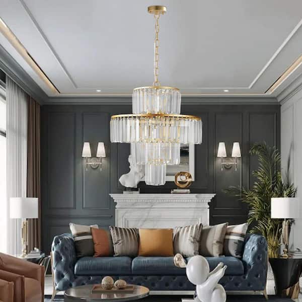 12-Light Gold Crystal Chandelier, 4-Tier Pendant Light for Living Room, Dining Room (No Bulbs Included)