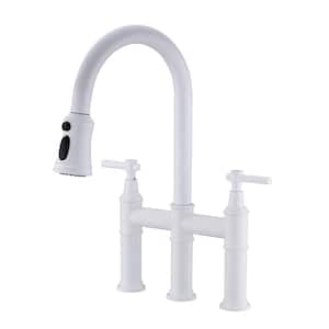 Double Handle Bridge Kitchen Faucet with Pull Down Sprayer Brass 8 in. 3 Hole Traditional Kitchen Sink Faucets in White