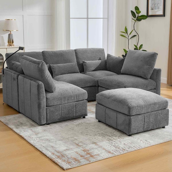 85.4 in. Round Arm Chenille Sectional Sofa with a Movable Ottoman and 2 USB Ports and a Phone Holder in Gray