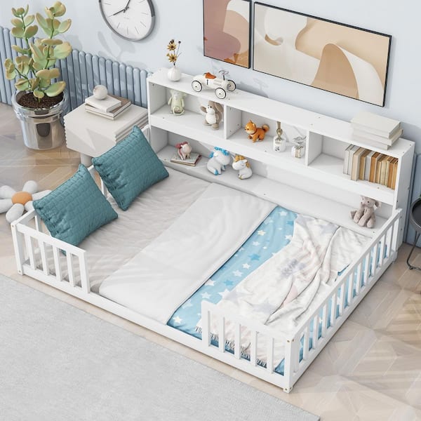 White Wood Frame Full Size Platform Bed with Bedside Bookcase and Guardrails
