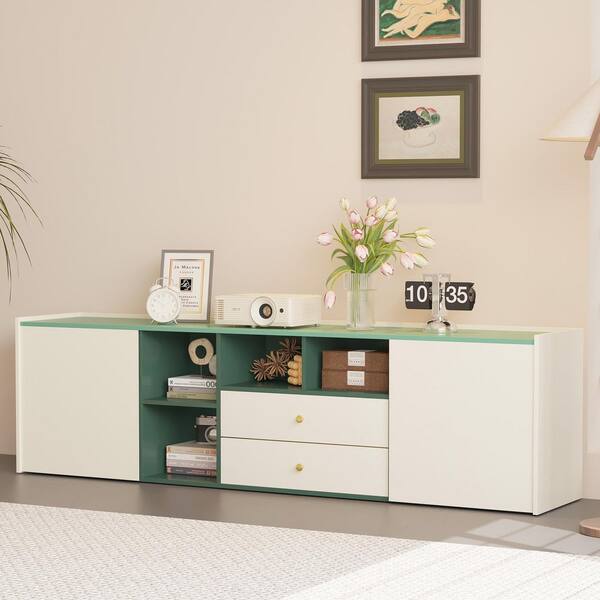 78.8 in. MDF TV Stand with Drawers Cabinets, Maximum Television Size 78 in. Green/White