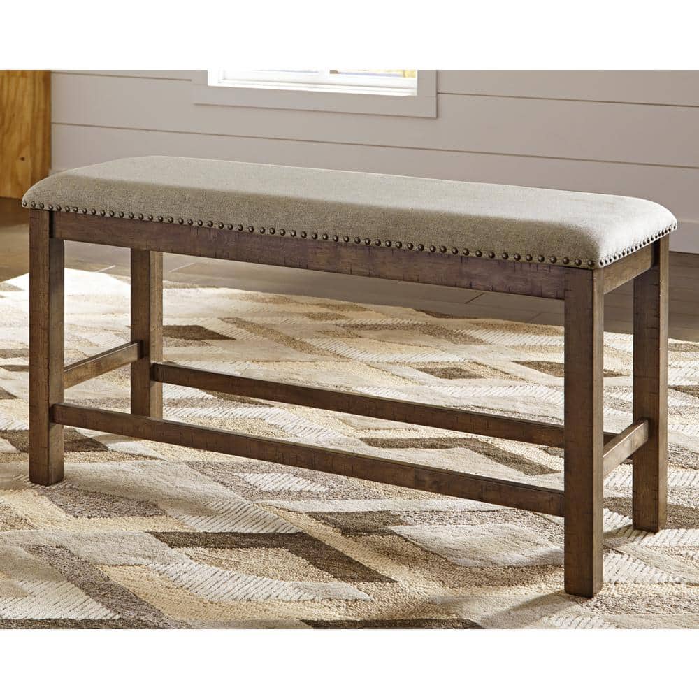 Distressed Nutmeg 48.5" Transitional Dining Bench with Beige Upholstery