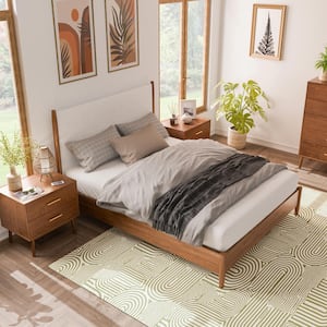 Riverstone 3-Piece Mid Century Modern Boucle Walnut Wood Queen Bedroom Set With 2-Nightstands