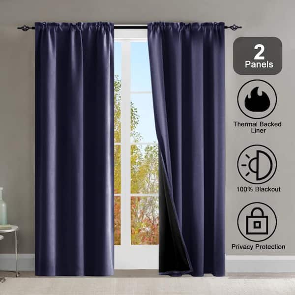 52 in. W x 63 in. L Dark Blue Rod Pocket Thermal Insulated with Coated Lining Indoor Blackout Curtains (Set of 2 Panels)
