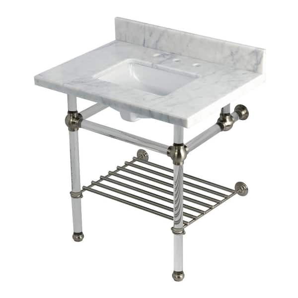 Kingston Brass Templeton 30 in. Marble Console Sink with Acrylic Legs in Carrara Marble Brushed Nickel