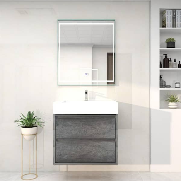 BV Better Vanity Saggie 30 in. W x 20 in. D x 28 in. H Single Sink Floating Bath Vanity in Smoke Oak with White Acrylic Top