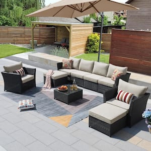Minerva Brown 9-Piece Wicker Outdoor Patio Conversation Sectional Sofa Set with Beige Cushions