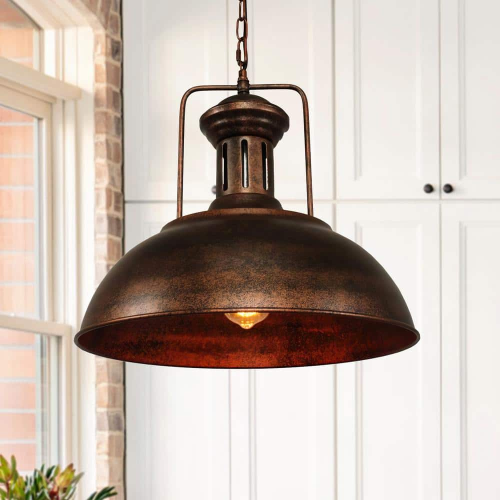 HUOKU 60-Watt 1-Light Rusty Bowl Pendant Light Industrial Dome Hanging ...