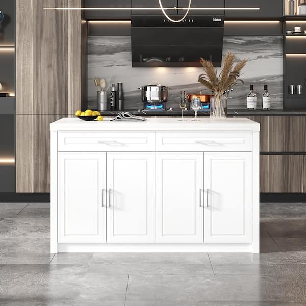 FUFU&GAGA Luxury White Wood 61 in. W Kitchen Island Dining Bar Table with Marble Wood Grain Countertop and Built-in Power Outlets