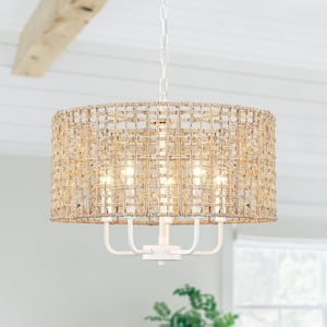 Nevarez 18.9 in. 5-Light Distressed White Bohemian Natural Rattan Dimmable Chandelier with Hand Woven Drum Shade