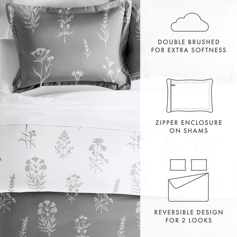 Light Gray Floral Print Twin/Twin XL Reversible Duvet Cover Set