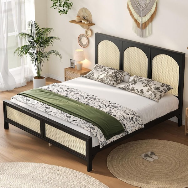 Driscoll Black Wood Frame King Size Platform Bed with Rattan Headboard and Footboard