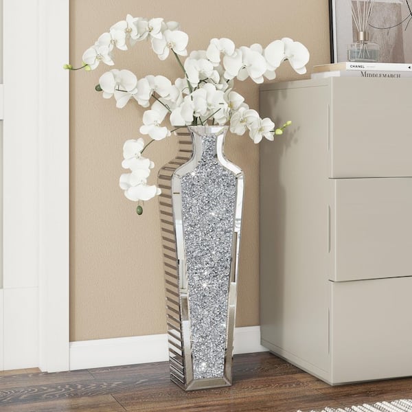 THKSHOUZ 43 in. Silver Glass Crushed Diamond Hourglass Amphora Decorative Vase