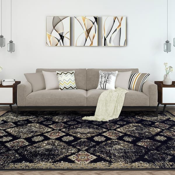 Mayfair Black 4 ft. x 6 ft. Distressed Damask Area Rug