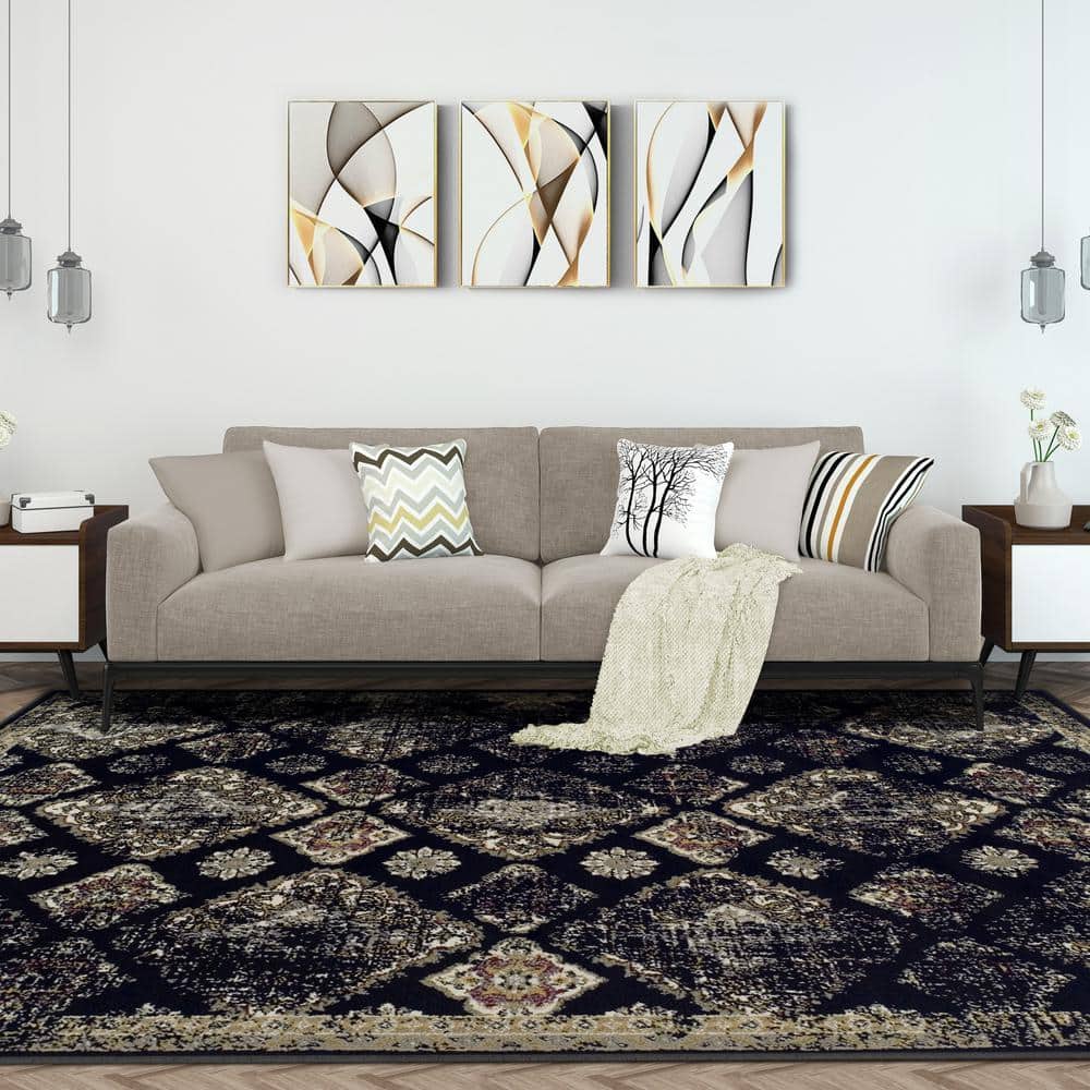 Black Distressed Damask Synthetic 8' x 10' Area Rug