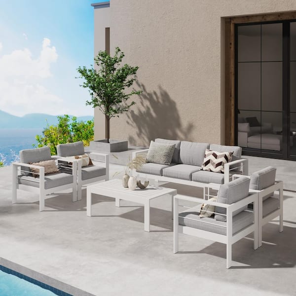 SUNVIVI White 6-Piece Aluminum Patio Conversation Set with Light Grey Cushions