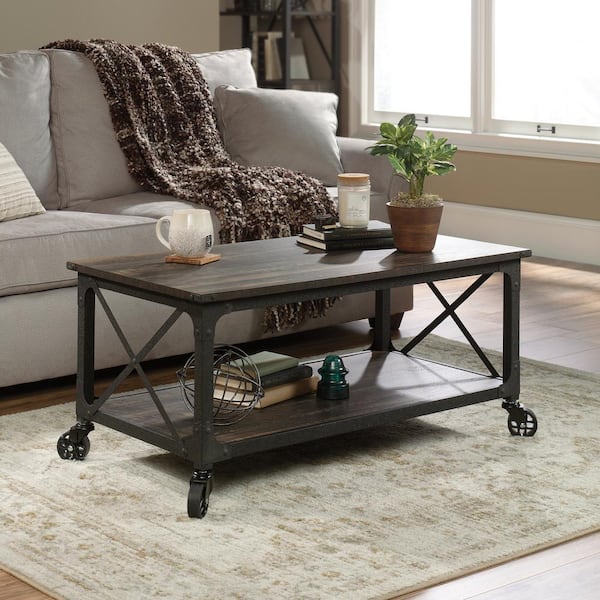 SAUDER Steel River 42 in. Carbon Oak Rectangle Composite Top Coffee Table with Casters