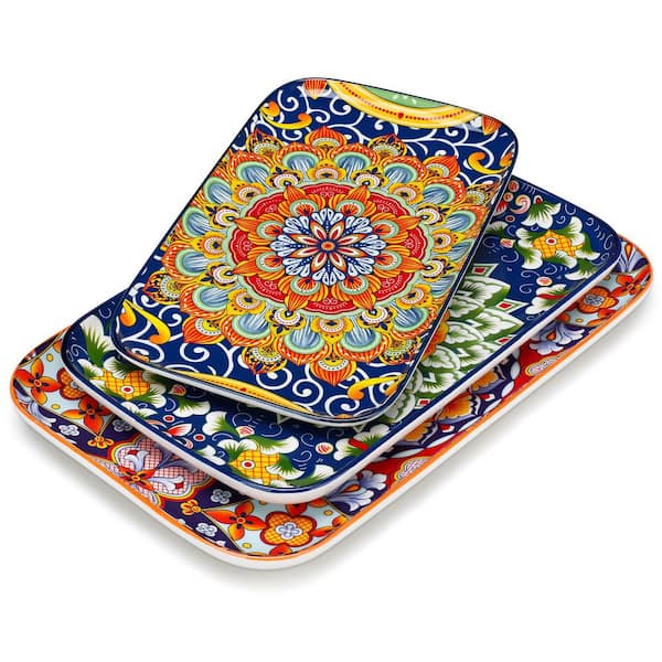 3-Piece Multi-Colored Porcelain Sushi Plates Set Rectangular Serving Plate for Sushi Dessert Salad Appetizer