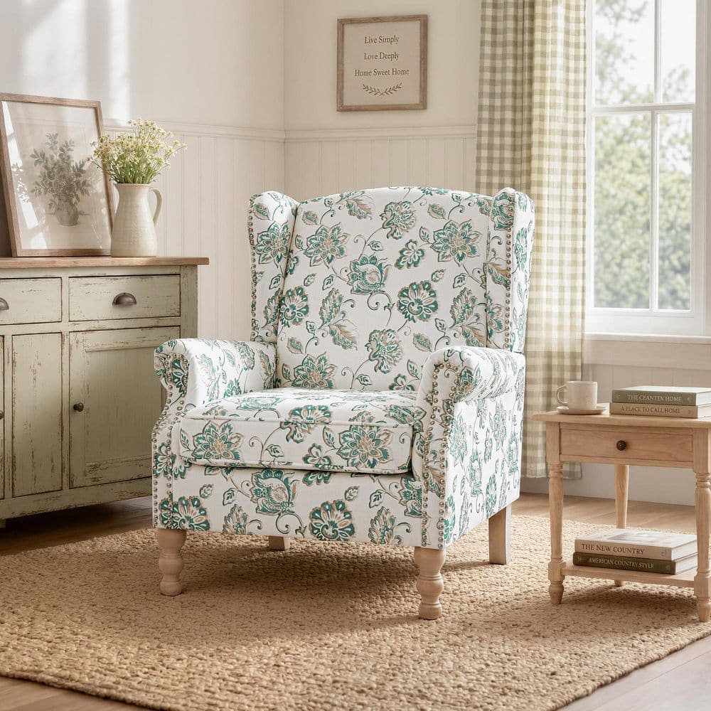 Traditional Upholstered Wingback Chair with High Back, Nailhead Trim and Solid Wood Legs in Floral Linen price history on PriceWatchPro