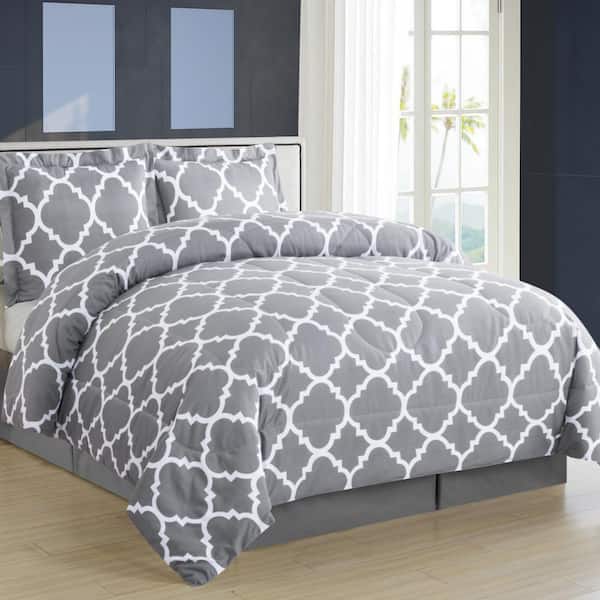 Shatex 4-Piece Gray Ultra Soft 100% Microfiber Polyester Geometry All Season Queen Comforter Sets with 1 Flat Sheet