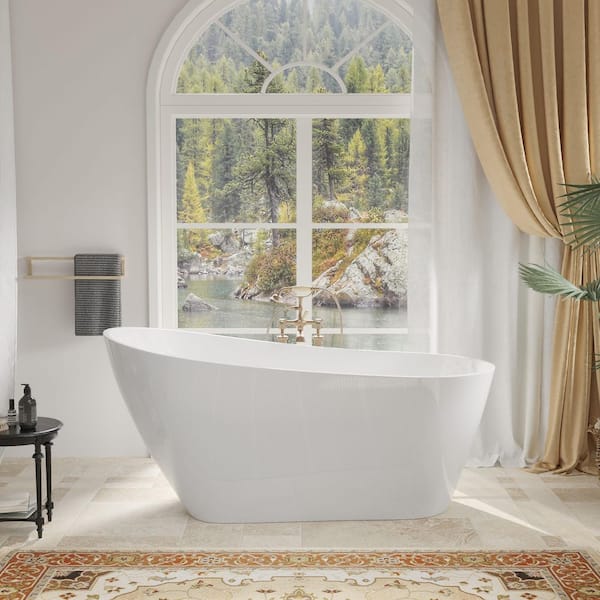 60 in. x 30.75 in. Acrylic Oval Slipper Flatbottom Freestanding Soaking Bathtub with Chrome Overflow in Glossy White