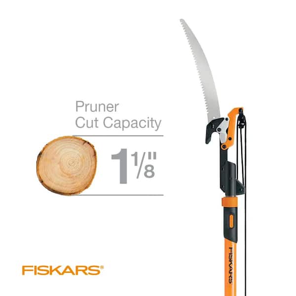 Fiskars PowerLever 1 1 8 in. Cut Capacity Steel Saw Blade 15 in. Fiberglass Pole 14 ft. Tree Pruner 393981 1002 The Home Depot