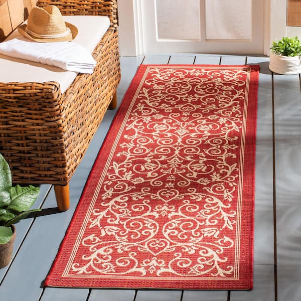 Courtyard Red/Natural 2 ft. x 7 ft. Border Indoor/Outdoor Patio  Runner Rug