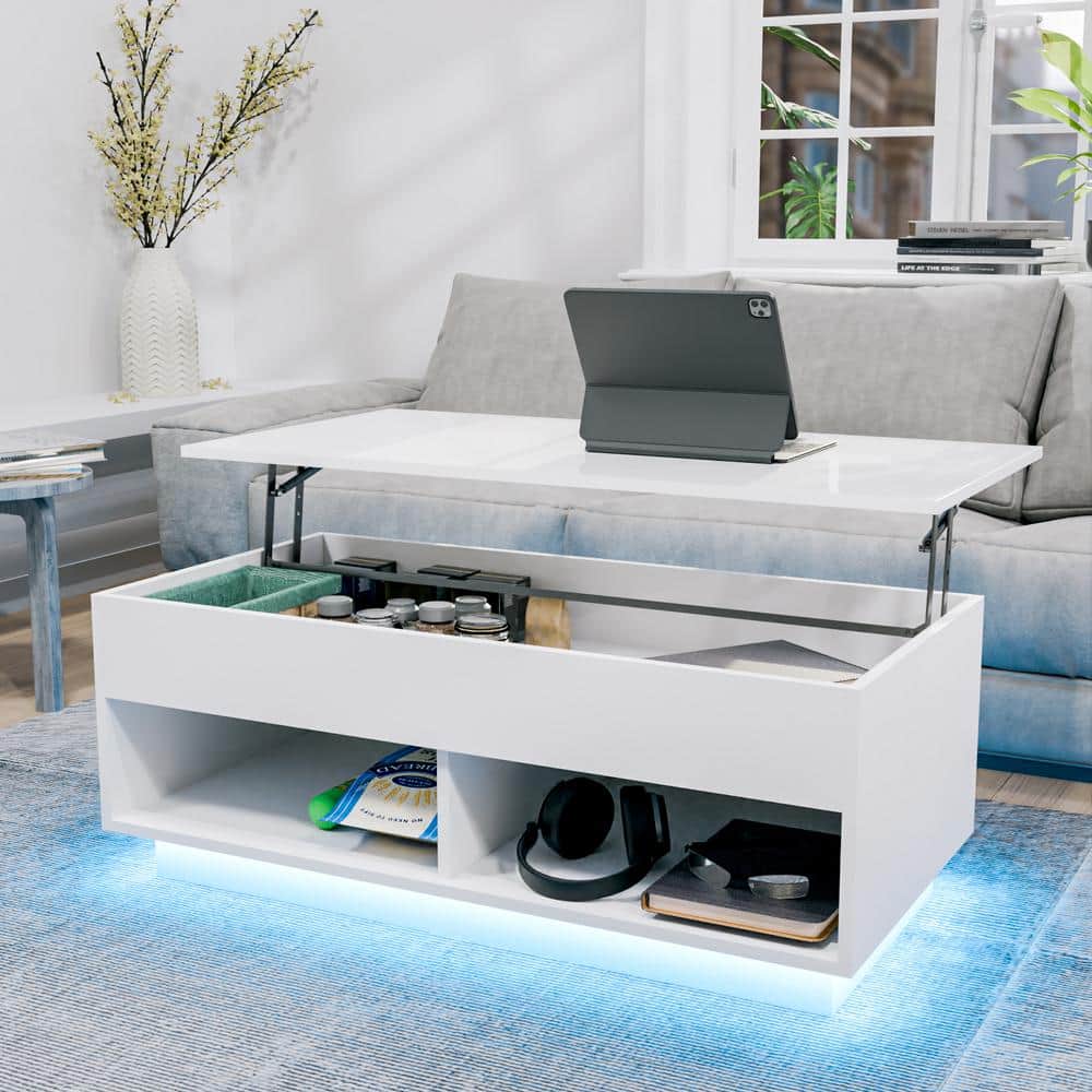 40" White Particle Board Lift-Top Coffee Table with LED Lights