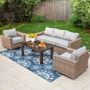 Brown Rattan Wicker 4-Piece Outdoor Patio Conversation Set with Swivel Rocking Chairs, Table, and Light Gray Cushions