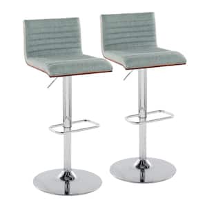 Mason 43 in. Adjustable Height Green Fabric & Chrome Metal Bar Stool with Rounded Rectangle Footrest (Set of 2)