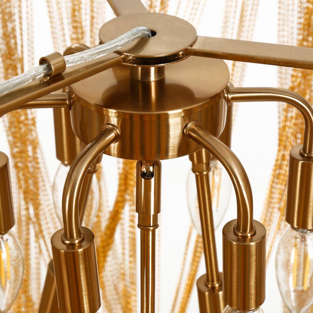 Glamorous Brass and Crystal 9-Light Chandelier with Gold Fringe